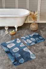 - Realhomes - Realhomes  2'li Set Mavi Zeminde Sulu Boya Motifli Modern Sanat Desenli Sade & Şık Modern  2'li Banyo & Mutfak Paspas Takımı Realhomes