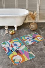 - Realhomes - Realhomes  2'li Set Gri Zeminde Sulu Boya Motifli Modern Sanat Desenli Modern Geometrik  2'li Banyo & Mutfak Paspas Takımı Realhomes