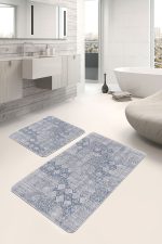 2'li Set Gri Zeminde Örgü Motifli Eskitme Desenli Eskitme Motifli Sade & Şık  2'li Banyo & Mutfak Paspas Takımı Realhomes
