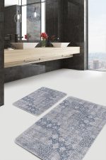 2'li Set Gri Zeminde Örgü Motifli Eskitme Desenli Eskitme Motifli Sade & Şık  2'li Banyo & Mutfak Paspas Takımı Realhomes