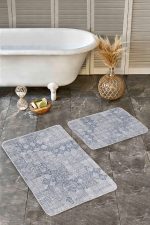 2'li Set Gri Zeminde Örgü Motifli Eskitme Desenli Eskitme Motifli Sade & Şık  2'li Banyo & Mutfak Paspas Takımı Realhomes