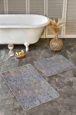 - Realhomes - Realhomes  2'li Set Gri Zeminde Eskitme Motifli Geometrik Desenli Eskitme Motifli Geometrik  2'li Banyo & Mutfak Paspas Takımı Realhomes