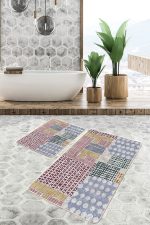 - PaspasTakimi-2li-Set555-Gorsel-1 - Realhomes 2'li Set Krem Zeminde Geometrik Motifli Boya Desenli Klasik Vintage 2'li Banyo & Mutfak Paspas Takımı Realhomes