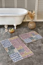 - Realhomes - Realhomes 2'li Set Krem Zeminde Geometrik Motifli Boya Desenli Klasik Vintage 2'li Banyo & Mutfak Paspas Takımı Realhomes