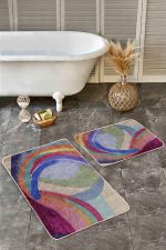 - Realhomes - Realhomes 2'li Set Bej Zeminde Sulu Boya Motifli Modern Sanat Desenli Sade & Şık Modern Salon & Oturma Odası 2'li Banyo & Mutfak Paspas Takımı Realhomes