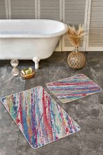 - Realhomes - Realhomes  2'li Set Gri Zeminde Yağlı Boya Motifli Modern Sanat Desenli Sade & Şık Modern  2'li Banyo & Mutfak Paspas Takımı Realhomes