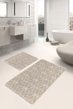 2'li Set Krem Zeminde Geometrik Motifli Eskitme Desenli Geometrik Sade & Şık  2'li Banyo & Mutfak Paspas Takımı Realhomes