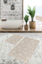 2'li Set Krem Zeminde Geometrik Motifli Eskitme Desenli Geometrik Sade & Şık  2'li Banyo & Mutfak Paspas Takımı Realhomes