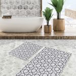 2'li Set Gold - Mavi Zeminde Pul Motifli Geometrik Desenli Geometrik Avangarde  2'li Banyo & Mutfak Paspas Takımı Realhomes