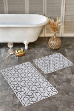 - Realhomes - Realhomes  2'li Set Gri Zeminde Siyah Geometrik Motifli Klasik Desenli Sade & Şık Geometrik  2'li Banyo & Mutfak Paspas Takımı Realhomes