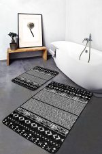 - PaspasTakimi-2li-Set561-Gorsel-2 - Realhomes 2'li Set Siyah Beyaz Zeminde Etnik Motifli Geleneksel Desenli Geometrik Etnik Motifler 2'li Banyo & Mutfak Paspas Takımı Realhomes