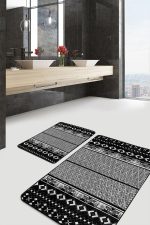 - PaspasTakimi-2li-Set561-Gorsel-4 - Realhomes 2'li Set Siyah Beyaz Zeminde Etnik Motifli Geleneksel Desenli Geometrik Etnik Motifler 2'li Banyo & Mutfak Paspas Takımı Realhomes