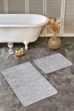 - Realhomes - Realhomes 2'li Set Gri Zeminde Etnik Motifli Geleneksel Desenli Geometrik Klasik 2'li Banyo & Mutfak Paspas Takımı Realhomes