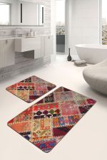 - PaspasTakimi-2li-Set566-Gorsel-1 - Realhomes 2'li Set Kırmızı Zeminde Patchwork Motifli Geleneksel Desenli Vintage Etnik Motifler 2'li Banyo & Mutfak Paspas Takımı Realhomes