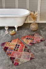 - Realhomes - Realhomes 2'li Set Kırmızı Zeminde Patchwork Motifli Geleneksel Desenli Vintage Etnik Motifler 2'li Banyo & Mutfak Paspas Takımı Realhomes