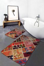 - PaspasTakimi-2li-Set566-Gorsel-4 - Realhomes 2'li Set Kırmızı Zeminde Patchwork Motifli Geleneksel Desenli Vintage Etnik Motifler 2'li Banyo & Mutfak Paspas Takımı Realhomes