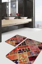 - PaspasTakimi-2li-Set566-Gorsel-5 - Realhomes 2'li Set Kırmızı Zeminde Patchwork Motifli Geleneksel Desenli Vintage Etnik Motifler 2'li Banyo & Mutfak Paspas Takımı Realhomes