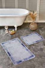 - Realhomes - Realhomes  2'li Set Gri - Mavi Zeminde Çerçeveli Motifli Eskitme Desenli Sade & Şık Eskitme Motifli  2'li Banyo & Mutfak Paspas Takımı Realhomes