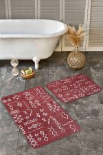 - Realhomes - Realhomes  2'li Set Kırmızı Zeminde Etnik Motifli Tribal Desenli Etnik Motifler Geometrik  2'li Banyo & Mutfak Paspas Takımı Realhomes