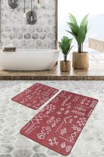 - PaspasTakimi-2li-Set569-Gorsel-4 - Realhomes  2'li Set Kırmızı Zeminde Etnik Motifli Tribal Desenli Etnik Motifler Geometrik  2'li Banyo & Mutfak Paspas Takımı Realhomes