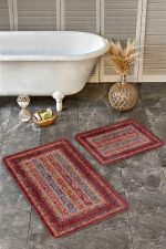 2'li Set Kırmızı Zeminde Geleneksel Motifli Etnik Desenli Etnik Motifler Vintage  2'li Banyo & Mutfak Paspas Takımı Realhomes