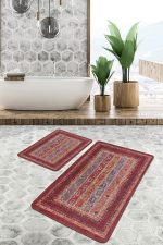 2'li Set Kırmızı Zeminde Geleneksel Motifli Etnik Desenli Etnik Motifler Vintage  2'li Banyo & Mutfak Paspas Takımı Realhomes