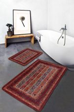 2'li Set Kırmızı Zeminde Geleneksel Motifli Etnik Desenli Etnik Motifler Vintage  2'li Banyo & Mutfak Paspas Takımı Realhomes