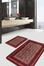 2'li Set Kırmızı Zeminde Geleneksel Motifli Etnik Desenli Etnik Motifler Vintage  2'li Banyo & Mutfak Paspas Takımı Realhomes
