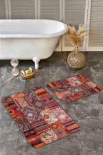 2'li Set Kırmızı Zeminde Patchwork Motifli Geleneksel Desenli Etnik Motifler Klasik  2'li Banyo & Mutfak Paspas Takımı Realhomes