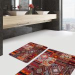 2'li Set Gold - Mavi Zeminde Altın Motifli Tablo Desenli Bohem Klasik  2'li Banyo & Mutfak Paspas Takımı Realhomes