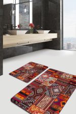 2'li Set Kırmızı Zeminde Patchwork Motifli Geleneksel Desenli Etnik Motifler Klasik  2'li Banyo & Mutfak Paspas Takımı Realhomes