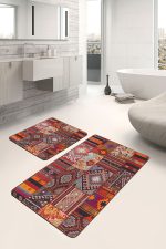 2'li Set Kırmızı Zeminde Patchwork Motifli Geleneksel Desenli Etnik Motifler Klasik  2'li Banyo & Mutfak Paspas Takımı Realhomes