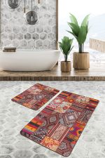 2'li Set Kırmızı Zeminde Patchwork Motifli Geleneksel Desenli Etnik Motifler Klasik  2'li Banyo & Mutfak Paspas Takımı Realhomes
