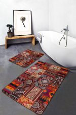 2'li Set Kırmızı Zeminde Patchwork Motifli Geleneksel Desenli Etnik Motifler Klasik  2'li Banyo & Mutfak Paspas Takımı Realhomes