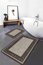 - PaspasTakimi-2li-Set577-Gorsel-1 - Realhomes 2'li Set Krem - Kahverengi Zeminde Çerçeveli Motifli Geleneksel Desenli Vintage Avangarde 2'li Banyo & Mutfak Paspas Takımı Realhomes