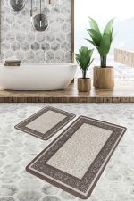 - PaspasTakimi-2li-Set577-Gorsel - Realhomes 2'li Set Krem - Kahverengi Zeminde Çerçeveli Motifli Geleneksel Desenli Vintage Avangarde 2'li Banyo & Mutfak Paspas Takımı Realhomes