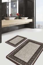 - PaspasTakimi-2li-Set577-Gorsel-2 - Realhomes 2'li Set Krem - Kahverengi Zeminde Çerçeveli Motifli Geleneksel Desenli Vintage Avangarde 2'li Banyo & Mutfak Paspas Takımı Realhomes