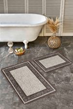 - Realhomes - Realhomes 2'li Set Krem - Kahverengi Zeminde Çerçeveli Motifli Geleneksel Desenli Vintage Avangarde 2'li Banyo & Mutfak Paspas Takımı Realhomes