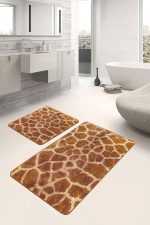 - PaspasTakimi-2li-Set578-Gorsel-4 - Realhomes 2'li Set Kahverengi Zeminde Zürafa Motifli Kürk Desenli Sade & Şık Klasik 2'li Banyo & Mutfak Paspas Takımı Realhomes