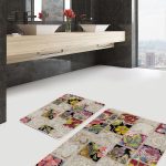 2'li Set Füme - Mavi Zeminde Geometrik Motifli Modern Sanat Desenli Geometrik Sade & Şık  2'li Banyo & Mutfak Paspas Takımı Realhomes