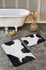 - Realhomes - Realhomes  2'li Set Siyah - Beyaz Zeminde Post Motifli Kürk Desenli Sade & Şık Klasik  2'li Banyo & Mutfak Paspas Takımı Realhomes