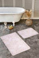 - Realhomes - Realhomes 2'li Set Pembe Zeminde Geometrik Motifli Eskitme Desenli Geometrik Eskitme Motifli 2'li Banyo & Mutfak Paspas Takımı Realhomes