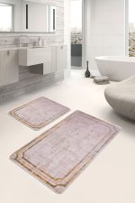 - PaspasTakimi-2li-Set583-Gorsel-1 - Realhomes  2'li Set Pembe - Gold Zeminde Çerçeveli Motifli Eskitme Desenli Klasik Eskitme Motifli  2'li Banyo & Mutfak Paspas Takımı Realhomes