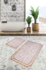 - PaspasTakimi-2li-Set583-Gorsel-2 - Realhomes  2'li Set Pembe - Gold Zeminde Çerçeveli Motifli Eskitme Desenli Klasik Eskitme Motifli  2'li Banyo & Mutfak Paspas Takımı Realhomes