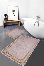 - PaspasTakimi-2li-Set583-Gorsel-4 - Realhomes  2'li Set Pembe - Gold Zeminde Çerçeveli Motifli Eskitme Desenli Klasik Eskitme Motifli  2'li Banyo & Mutfak Paspas Takımı Realhomes