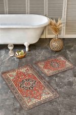 - Realhomes - Realhomes 2'li Set Kırmızı Zeminde Geleneksel Motifli Pers Desenli Avangarde Vintage 2'li Banyo & Mutfak Paspas Takımı Realhomes