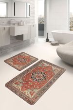 - PaspasTakimi-2li-Set585-Gorsel-2 - Realhomes 2'li Set Kırmızı Zeminde Geleneksel Motifli Pers Desenli Avangarde Vintage 2'li Banyo & Mutfak Paspas Takımı Realhomes