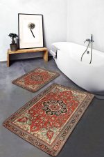 - PaspasTakimi-2li-Set585-Gorsel-5 - Realhomes 2'li Set Kırmızı Zeminde Geleneksel Motifli Pers Desenli Avangarde Vintage 2'li Banyo & Mutfak Paspas Takımı Realhomes