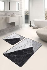 2'li Set Siyah - Gri Zeminde Mermer Motifli Klasik Desenli Geometrik Sade & Şık  2'li Banyo & Mutfak Paspas Takımı Realhomes