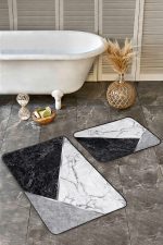 2'li Set Siyah - Gri Zeminde Mermer Motifli Klasik Desenli Geometrik Sade & Şık  2'li Banyo & Mutfak Paspas Takımı Realhomes